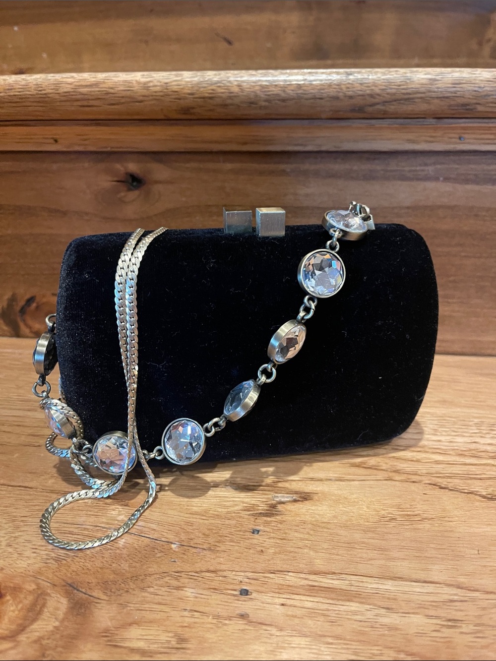 Serpui Black Velvet Evening Clutch with Crystal-Accented Chain